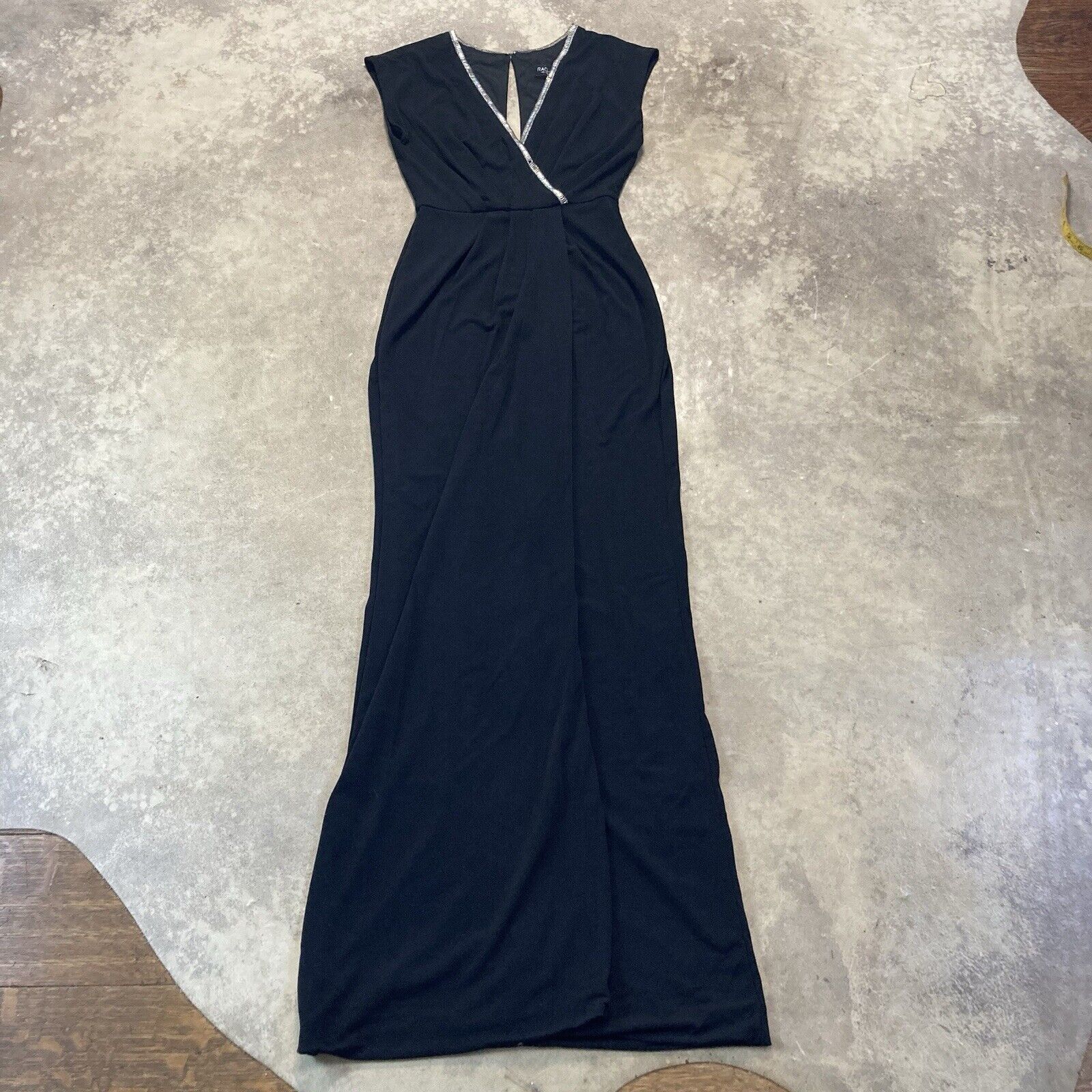 Rachel Zoe Dress Womens 2 Black Beaded V Neckline Maxi Sleeveless Slit Evening